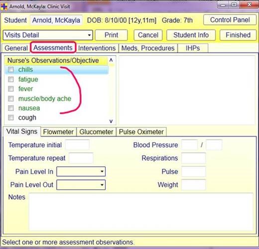 Clinic Visit > Assessments tab