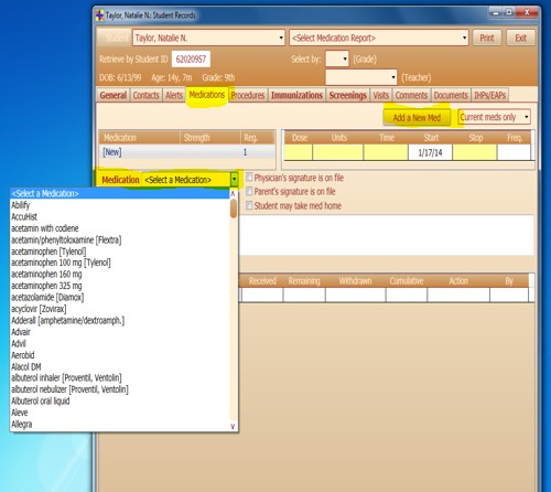 Student Info > Medications tab (1)