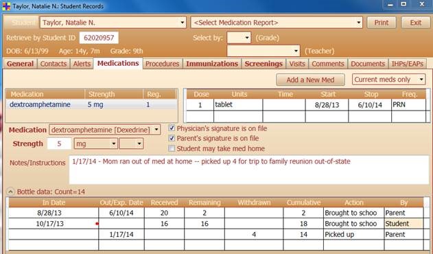 Student Info > Medications tab (2)