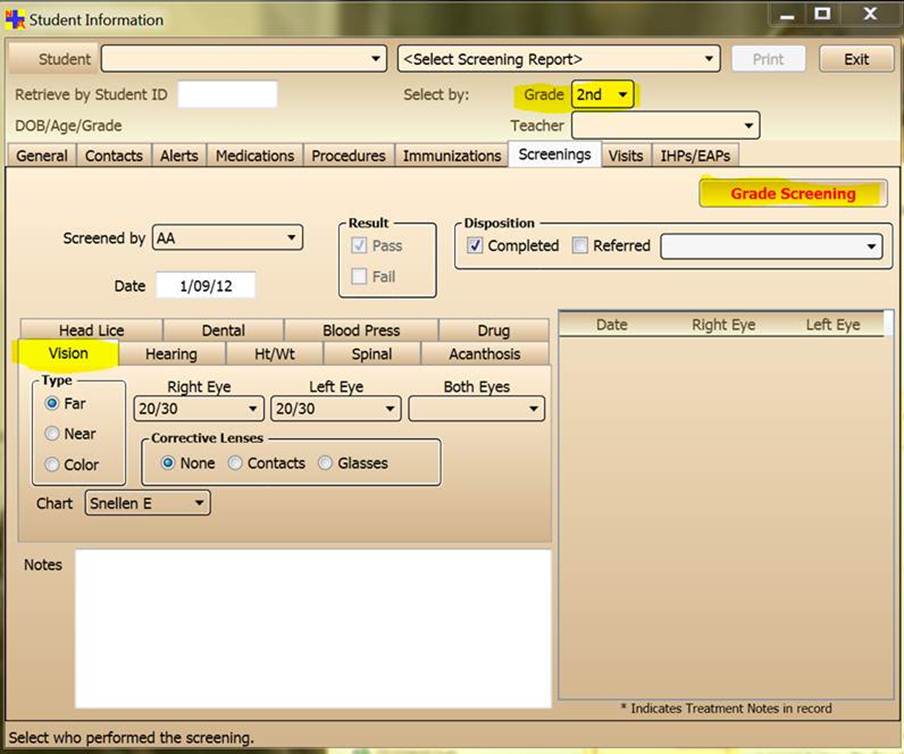 Student Information > Screenings tab