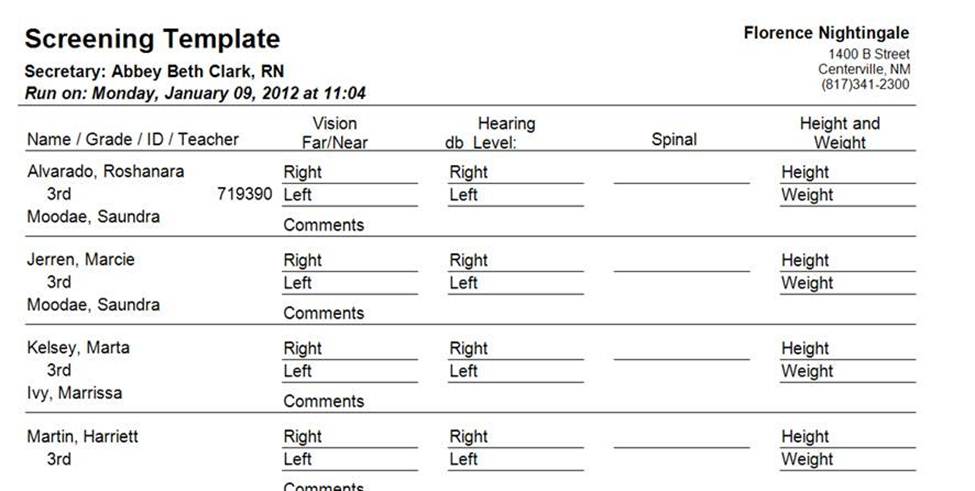 Screening Template report