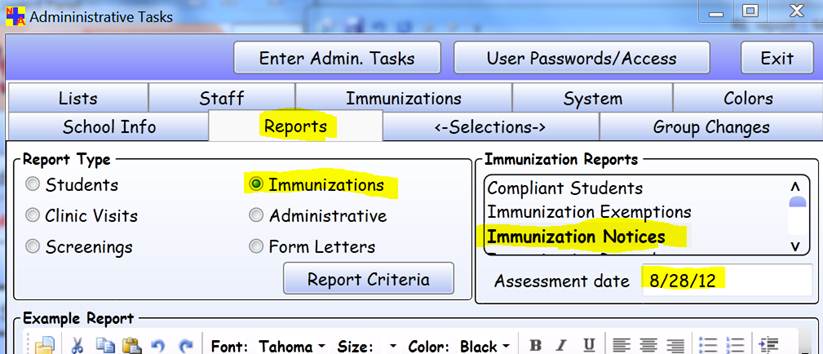 Administrative Tasks > Reports tab