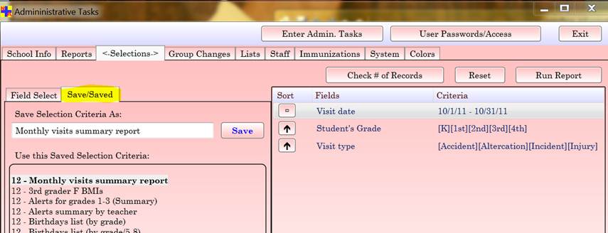 Administrative Tasks > Selections tab (2)