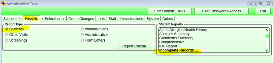 Administrative Tasks > Reports tab