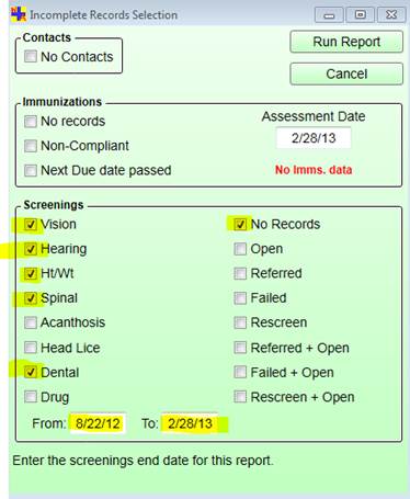 Incomplete Records Selection dialog